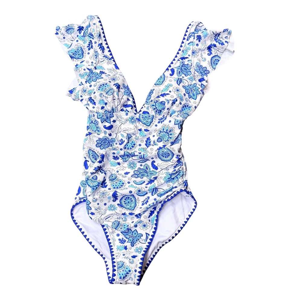 Eomenie Swimsuit‎ Women S Blue Floral One Piece Ruffle Ruched Boho Beachwear NEW